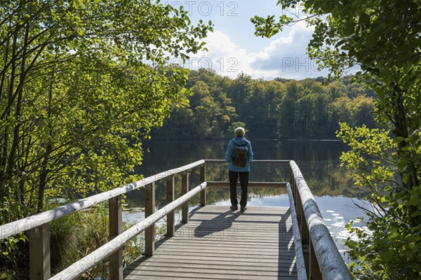 Woman on the viewing platform, Schwarzer See, Granitz Nature Reserve, Southeast Rügen Biosphere