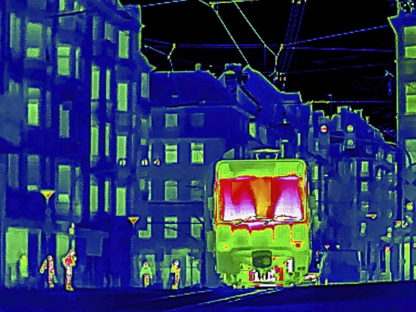 Thermal image or thermography, symbolic photo, interpolated. Light rail travel in urban areas.
