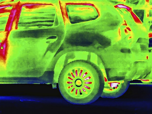 Thermal image or thermography, symbolic photo, interpolated. Car with higher temperatures in the