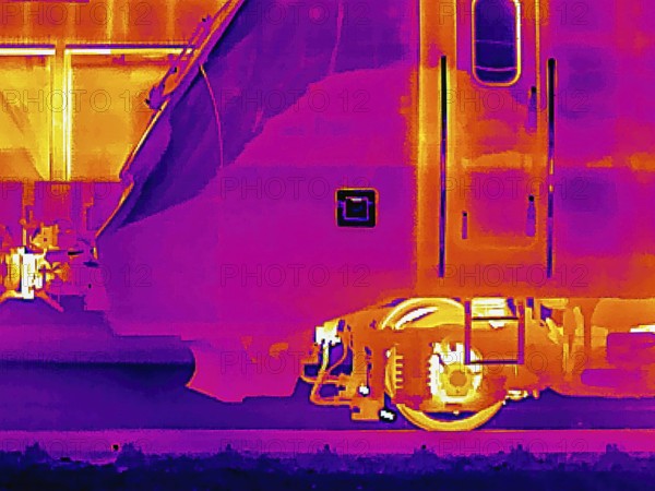 Locomotive in the train station. Thermal image or thermography, symbolic photo, interpolated.