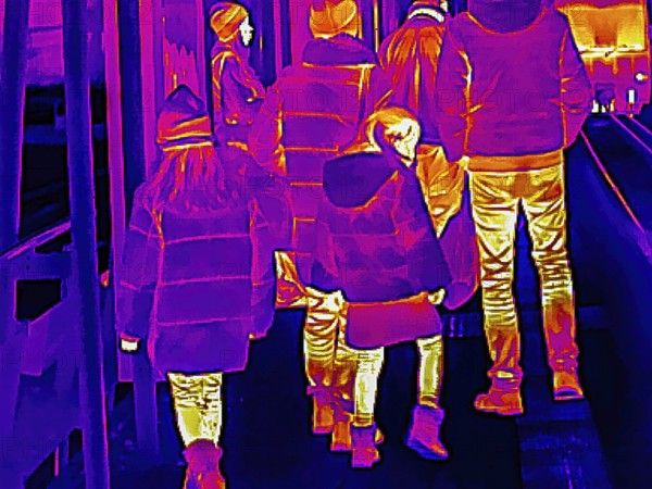 Thermal image or thermography, symbolic photo, interpolated. Family with children traveling in