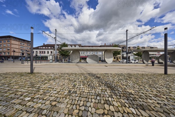 Kehl Rathaus tram stop, trolley masts, overhead lines, lantern, general architecture, houses,