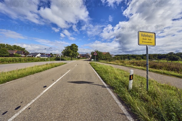 Town entrance sign, general development, building, road, guide post, trees, grass, forest, blue