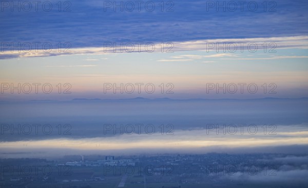 Aerial view of the city of Heidelberg on the Neckar, fog landscape of low-hanging clouds and fog