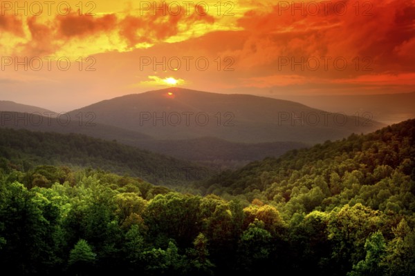 Sunset over Shenandoah National Park, warm colors over wooded hills, Shenandoah National Park,
