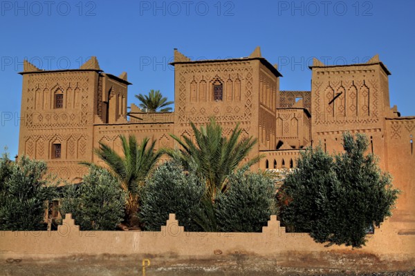 Kasbah Amerhidil with palm trees in the foreground and clear sky in Skoura, Skoura, Drâa-Tafilalet