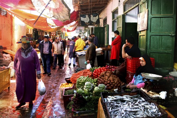 A lively market scene with a variety of fresh vegetables and people passing by, Tetouan, Medina,