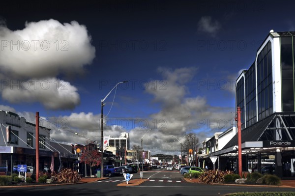 City scene on Tutanekai Street in Rotorua with modern architecture and busy streets, Rotorua, North