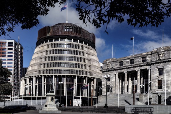 The iconic 'Beehive' parliament building with the neoclassical façade in Wellington, Wellington,