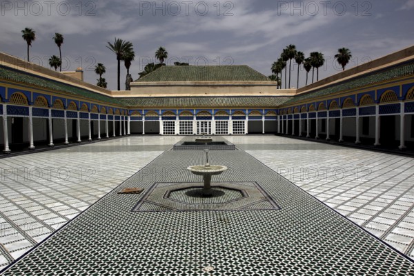 Magnificent courtyard of the Bahia Palace with ornate mosaic floor, Marrakech, Marrakesh-Safi,