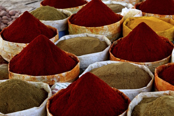 A variety of spices in the vegetable souk of Guelmim, Guelmim, Guelmim-Oued Noun, Morocco
