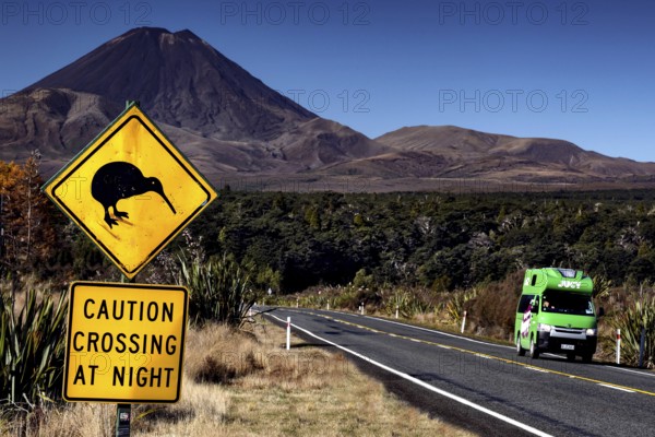 Yellow kiwi sign on roadside with green camper in front of majestic mountain, Tongariro National