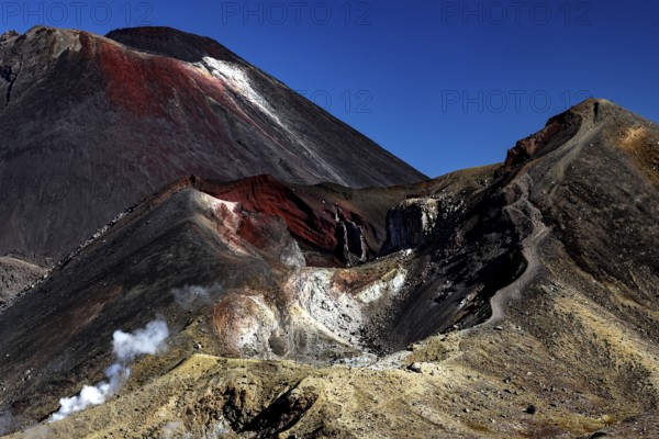 The imposing peaks of Mount Tongariro and Mount Ngauruhoe under clear skies, Tongariro National