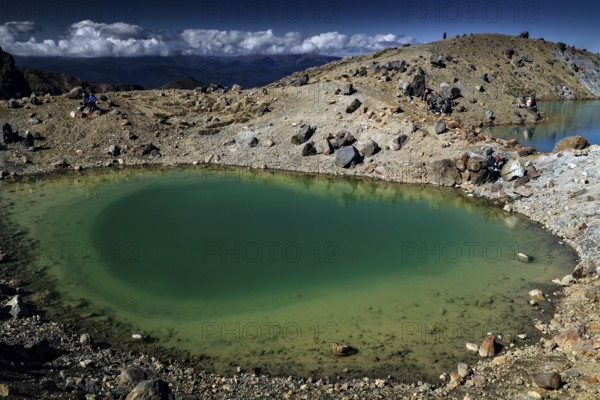 The Emerald Lakes glow turquoise green in a harsh, rocky environment, Tongariro National Park, New