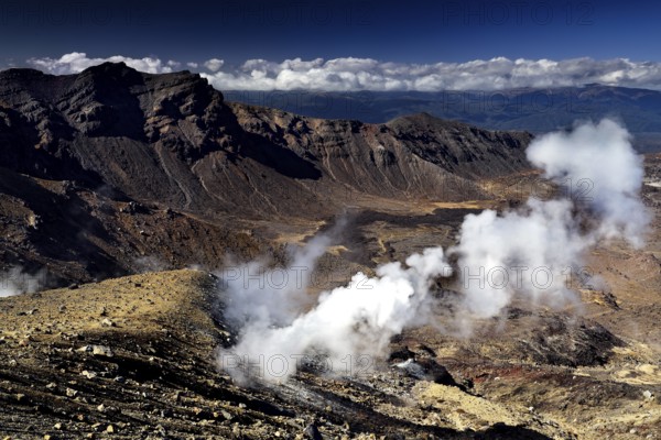 Solfatars escape steaming from the rocky landscape with views of the Emerald Lakes, Tongariro
