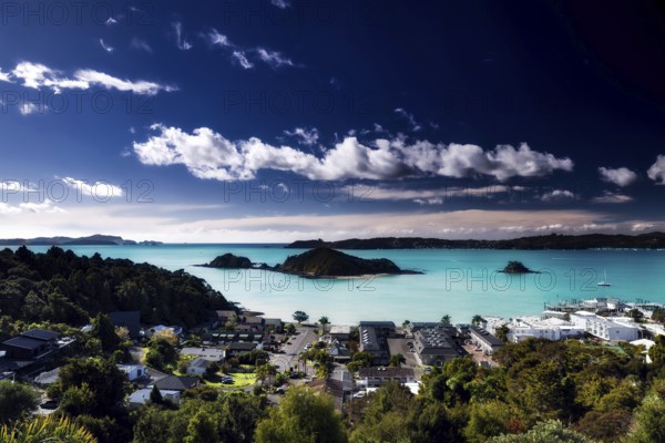 Breathtaking view of Paihia's Bay of Islands, lined with islands and city, Paihia, Bay of Islands,