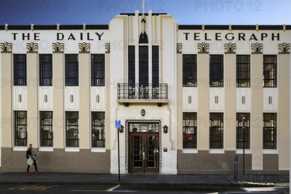 Art deco façade of a newspaper building with distinctive columns, Napier, Hawke's Bay, New Zealand