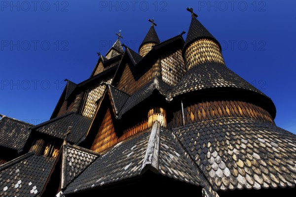 Stave church in Heddal, impressive wooden structure with detailed architecture, Heddal, Notodden,