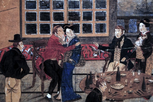 Depiction of a social scene in a Dutch trading base on Dejima with clothing typical of the time,