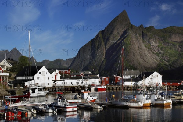 Sakrisøy harbour with boats, surrounded by the distinctive Lofoten mountains, Sakrisøy, Moskenesøy,
