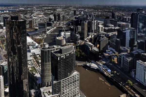 View from Eureka Tower Skydeck over Melbourne's skyscrapers and river landscape, Melbourne,