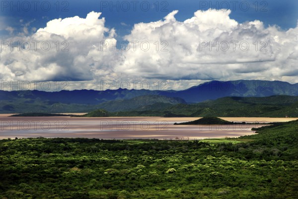 View from Paradise Lodge over Nech Sar National Park near Arba Minch with dramatic clouds and