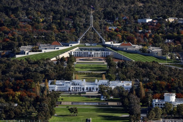 Detailed view of Parliament grounds and surrounding gardens from Mount Ainslie Lookout, Canberra,