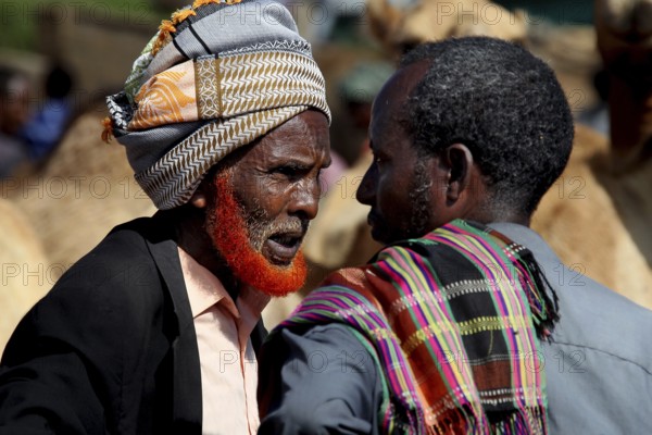 Merchants have a conversation at the colorful camel market in Babile, surrounded by herds of