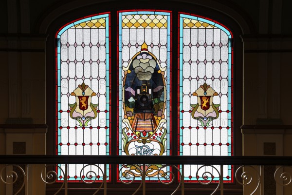 Magnificent colorful window in Dunedin train station with ornate stained glass, Dunedin, null, New
