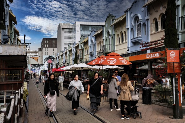 Colourful buildings and lively atmosphere on bustling New Regent Street, Christchurch, New Regent