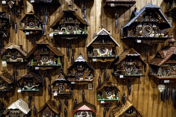 Traditional gift shop with cuckoo clocks on wooden walls in Hahndorf, Hahndorf, South Australia,