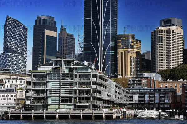 Modern buildings and skyscrapers at Walsh Bay in Sydney right on the waterfront, Sydney, NSW,