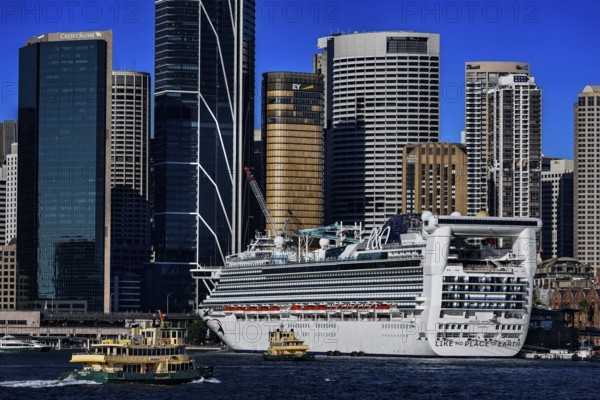 Large cruise ship in harbor in front of the impressive skyline of Sydney, Sydney, New South Wales,