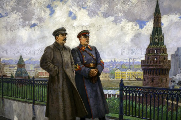 Painting depicting Stalin with another, historical setting against an architectural backdrop,