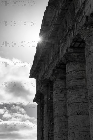 Elymian Doric Temple, ruin, monochrome, sunbeams, ancient city of Segesta, archaeological site,