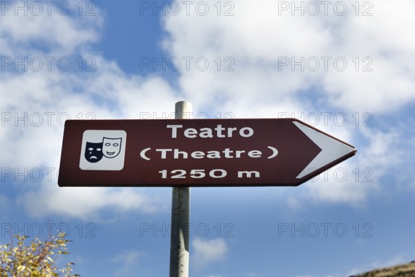 Theatre sign, road sign, ancient city of Segesta, archaeological site, Calatafimi, Trapani