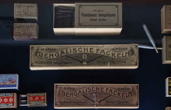 Matchboxes with old label design for Bengali torches, Tändsticksmuseet match museum or match
