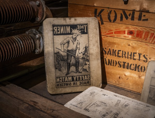 Printing plate for advertising poster and old wooden box, Tändsticksmuseet match museum or match