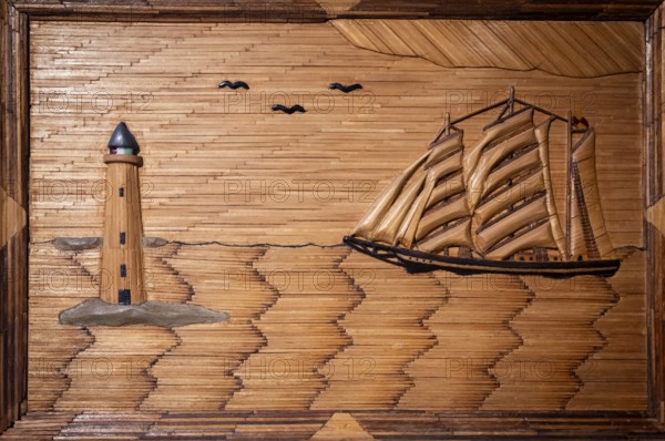 Lighthouse, sea and sailing ship, picture made of matches, Tändsticksmuseet matchstick museum or