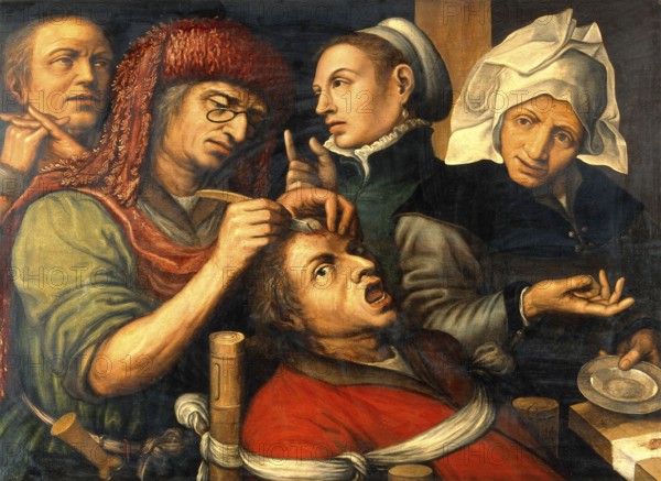 Operation, Chirurgie, Entfernung eines Steins im Kopf. Ölgemälde eines Schülers von Jan Sanders van