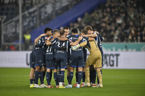 Team building, group of teams in front of the start of the game TSG 1899 Hoffenheim PreZero Arena,