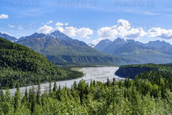 View of impressive mountain landscape with Matanuska River, Lion's Head, Chugach Mountains, Alaska,
