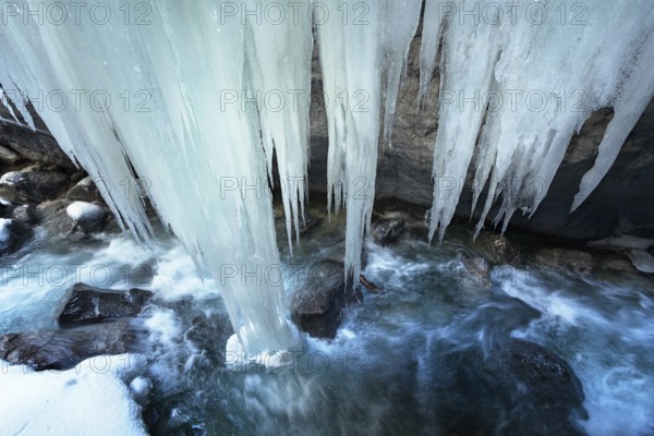 Icicles in the Partnachklamm near Garmisch-Partenkirchen, Werdenfelser Land, Upper Bavaria, Germany