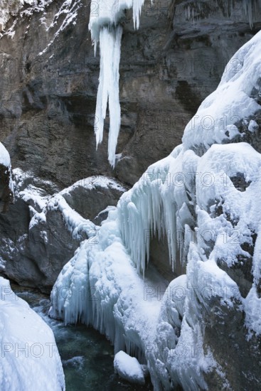 Icicles in the Partnachklamm near Garmisch-Partenkirchen, Werdenfelser Land, Upper Bavaria, Germany