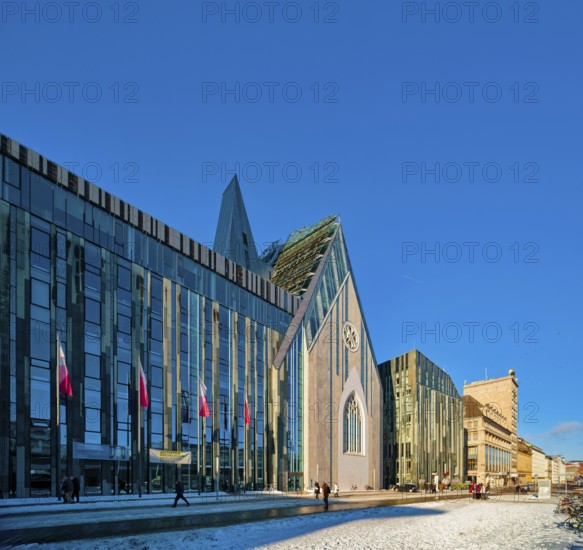 University of Leipzig, lecture hall building and Paulinum on Augustusplatz in winter with snow,
