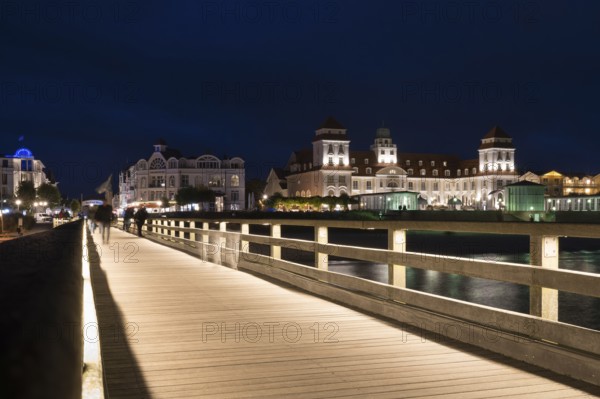 Spa hotel, pier and Baltic Sea, illuminated, night view, Binz, seaside resort, Rügen island,