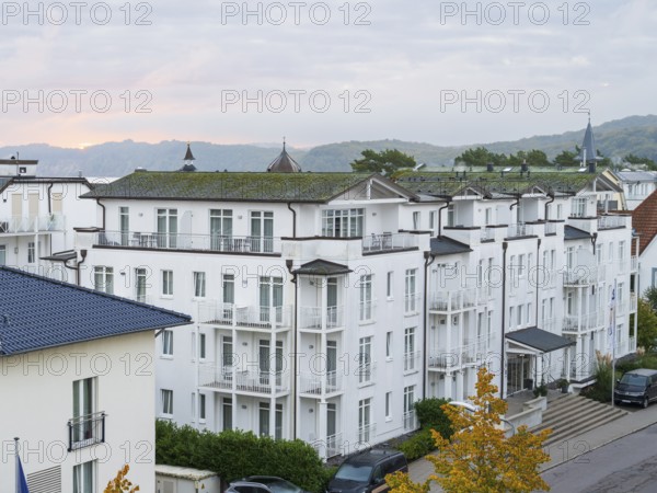 Sunrise over the apartment building, view from above, Binz, seaside resort, Rügen island,