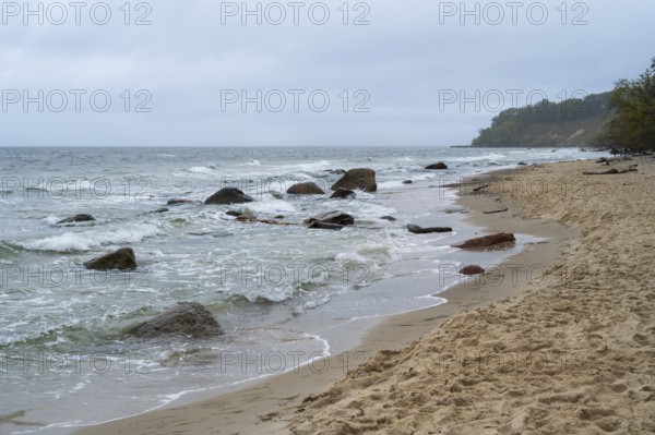 Boulders and waves on the coast, sandy beach, Nordperd, Baltic resort Göhren, Baltic Sea, Rügen