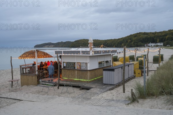 Illuminated beach bar, dusk, Binz, seaside resort, Rügen island, Baltic Sea, Mecklenburg-Western