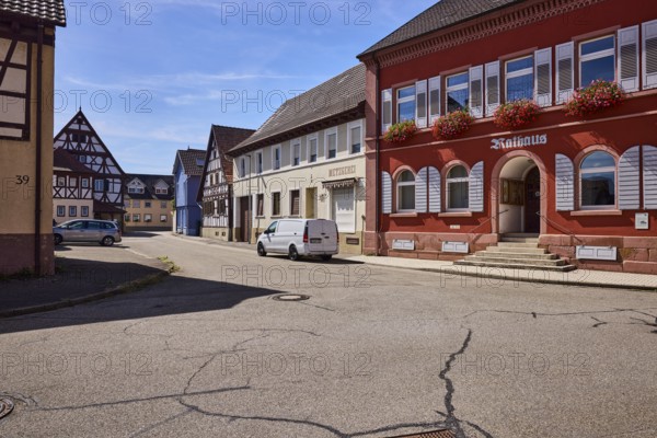 Grafenhausen Town Hall, façade with windows, shutters and cellar hatches, stairway, flower boxes,